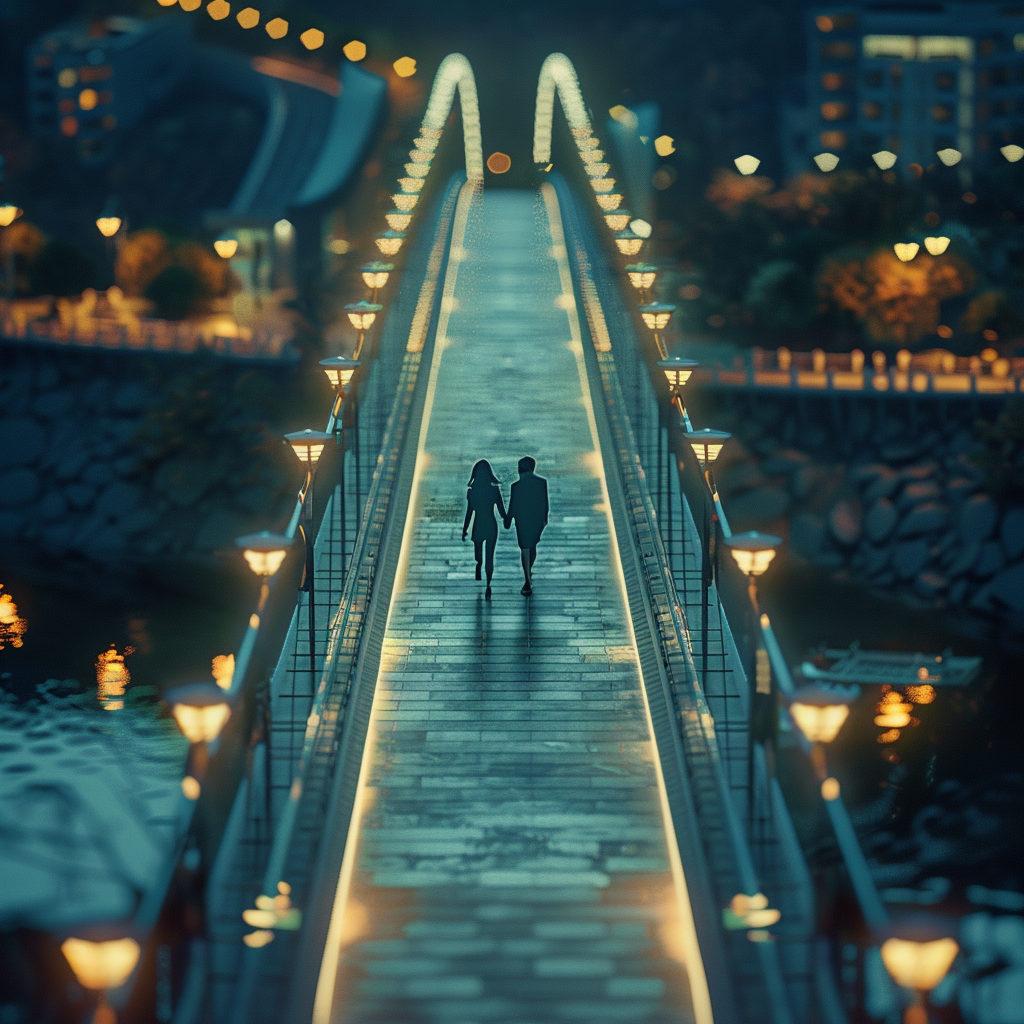 Night City Bridge Meeting People