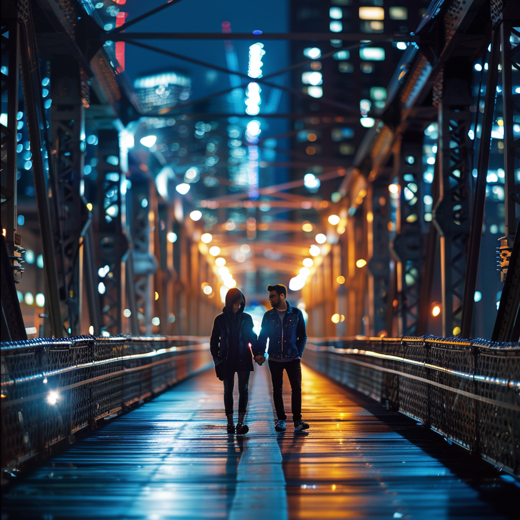 Detailed Persons Photoshoot on Illuminated Bridge