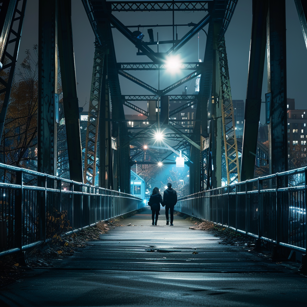 Two people meeting on bridge