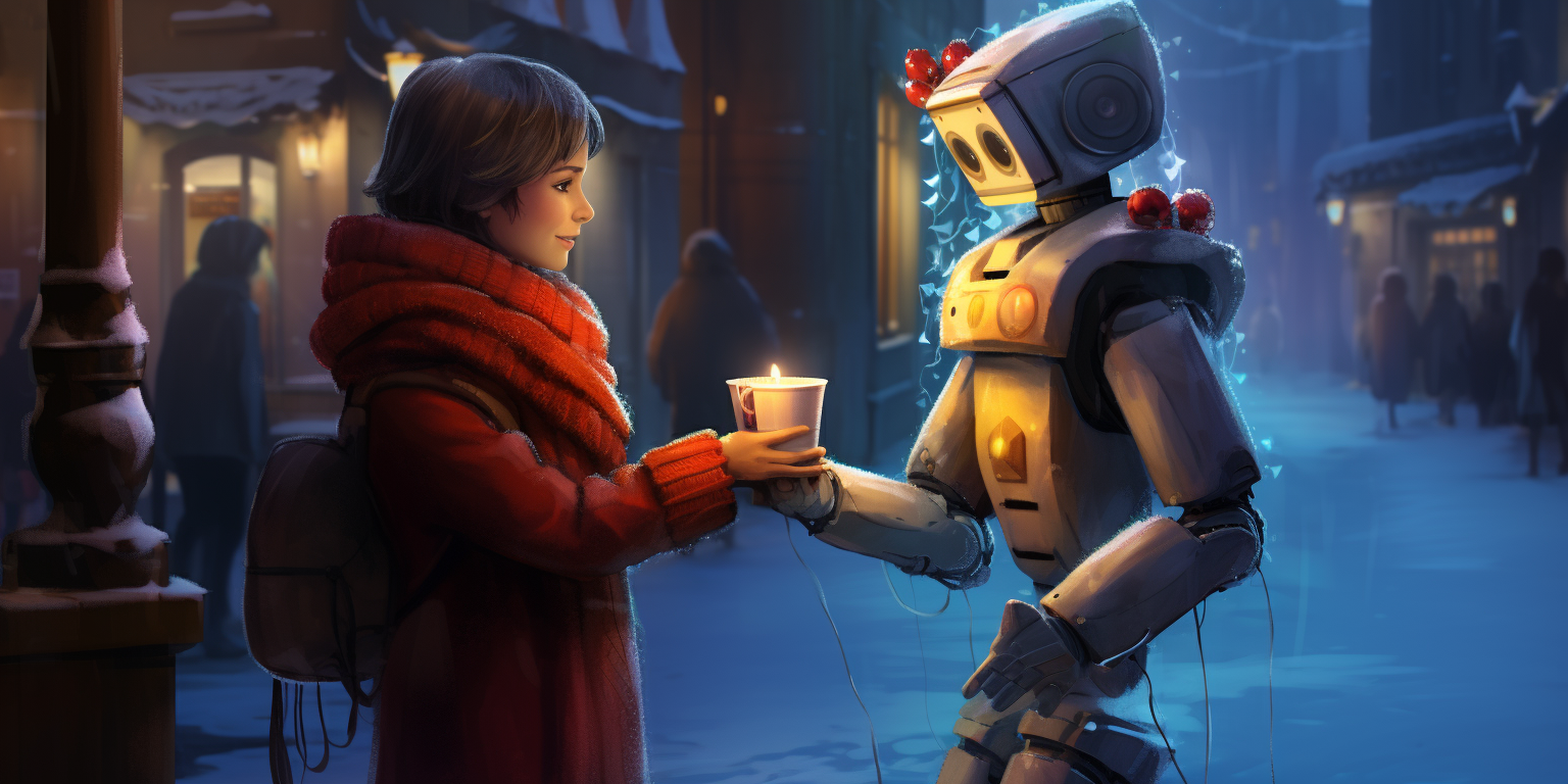 Robot handing illuminating gift to woman