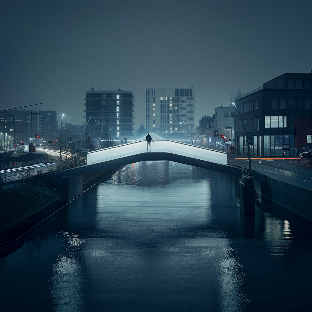 Two people meeting on illuminated bridge