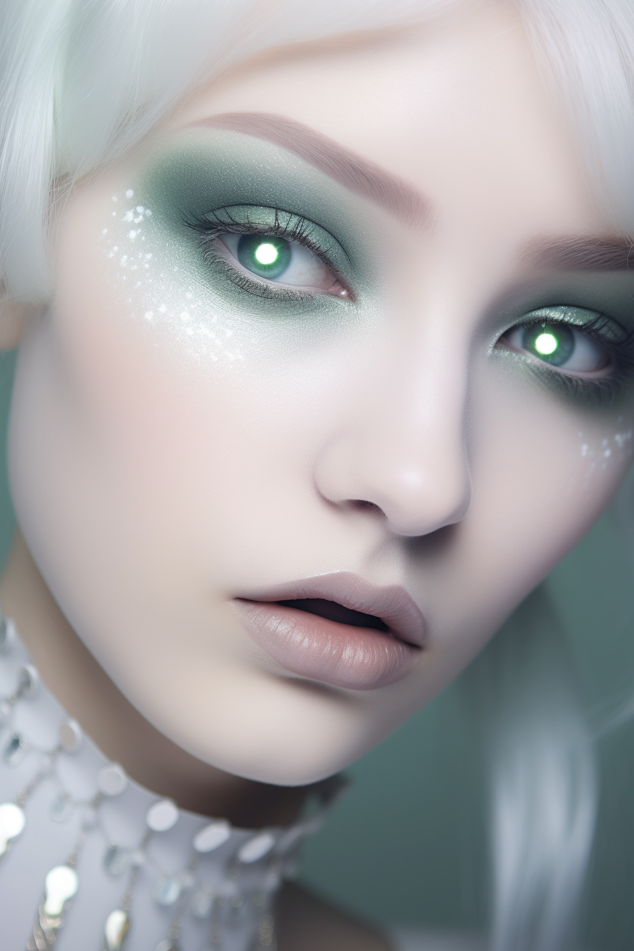 Person with illuminated subdermal biomorphic pores and mint green eye shadow