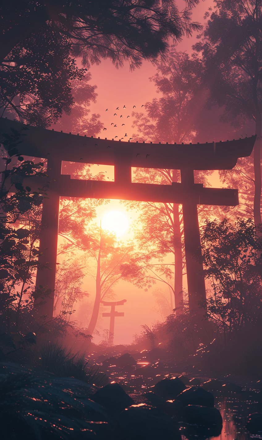 Sacred Japanese Torii Gate Pink Sky