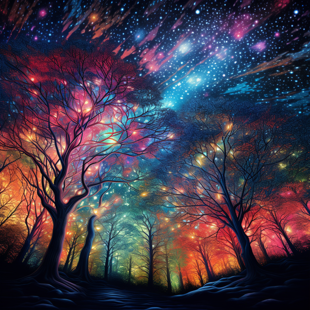 Colorful Tree Leaves against Starlit Sky