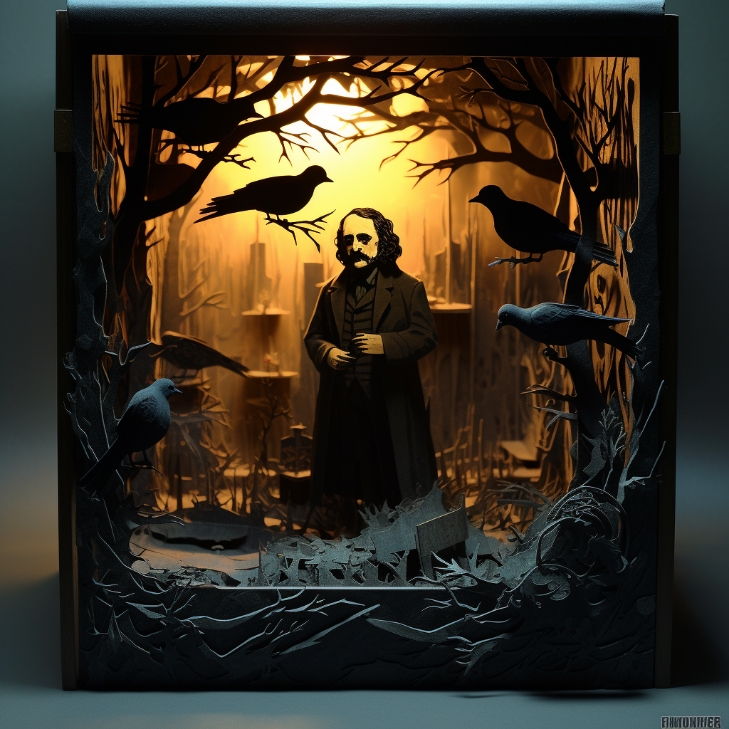 Shadow box paper cutouts of Edgar Allen Poe