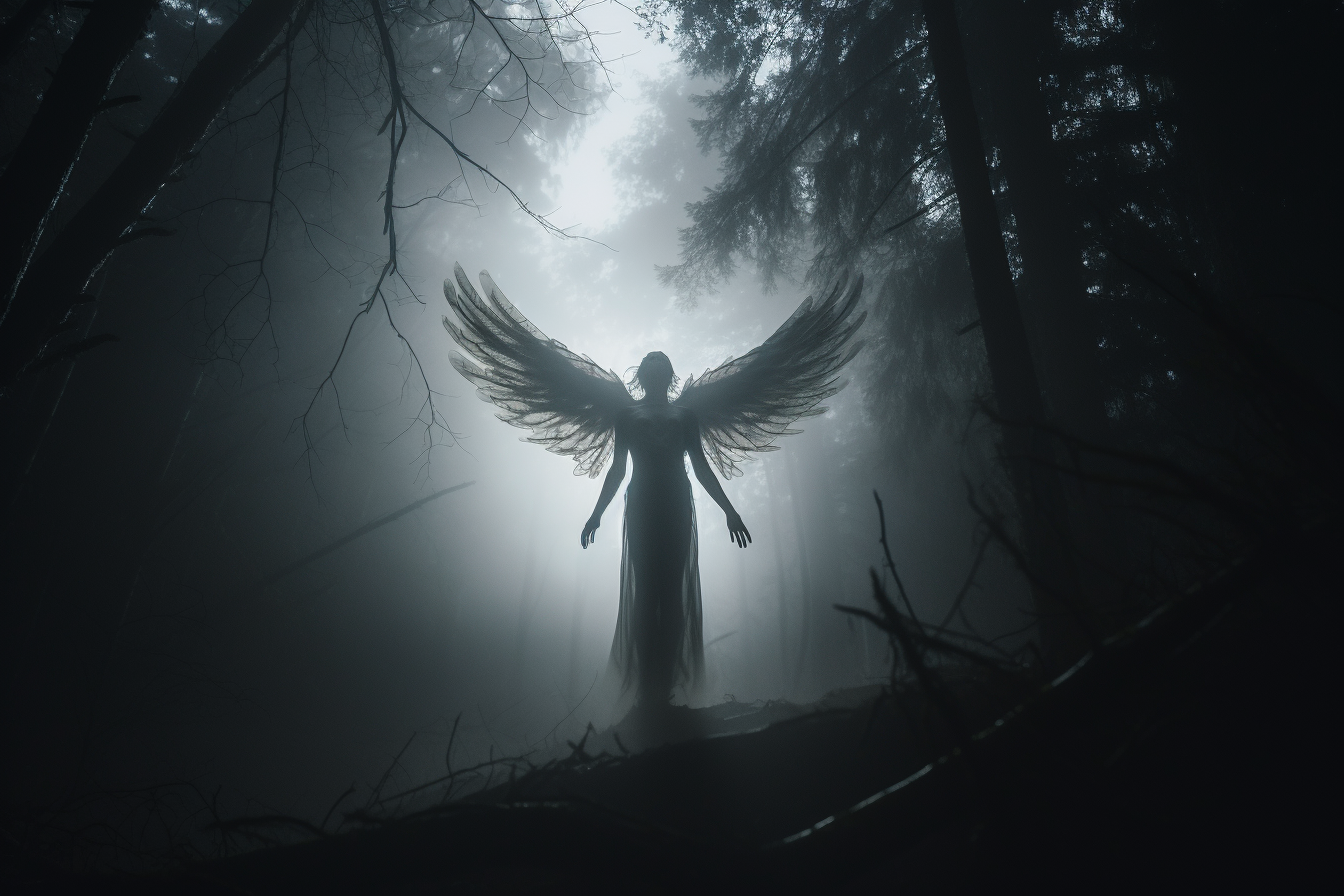 Cinematic angel in dark forest