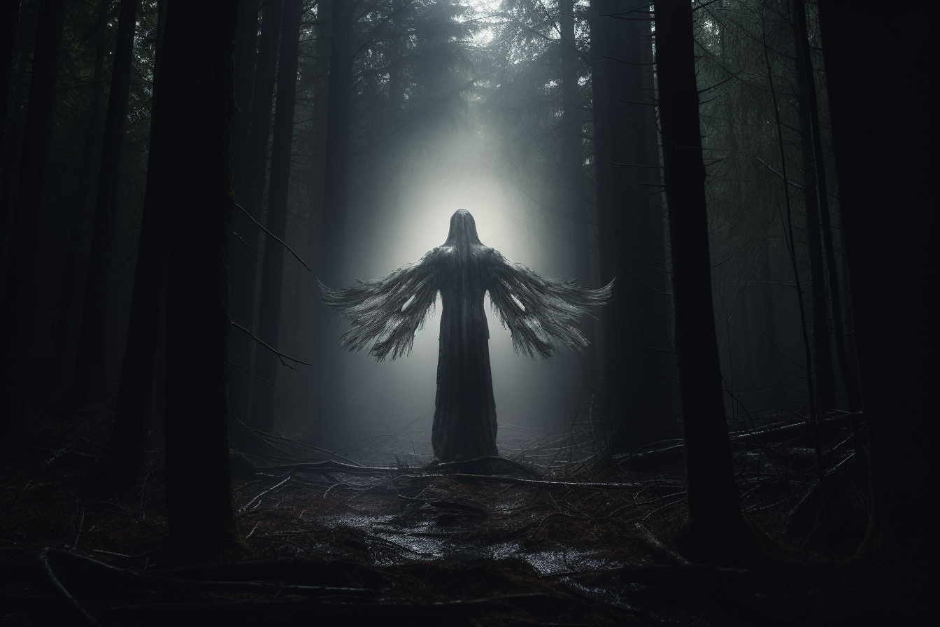 Illuminating angel walking through dark forest