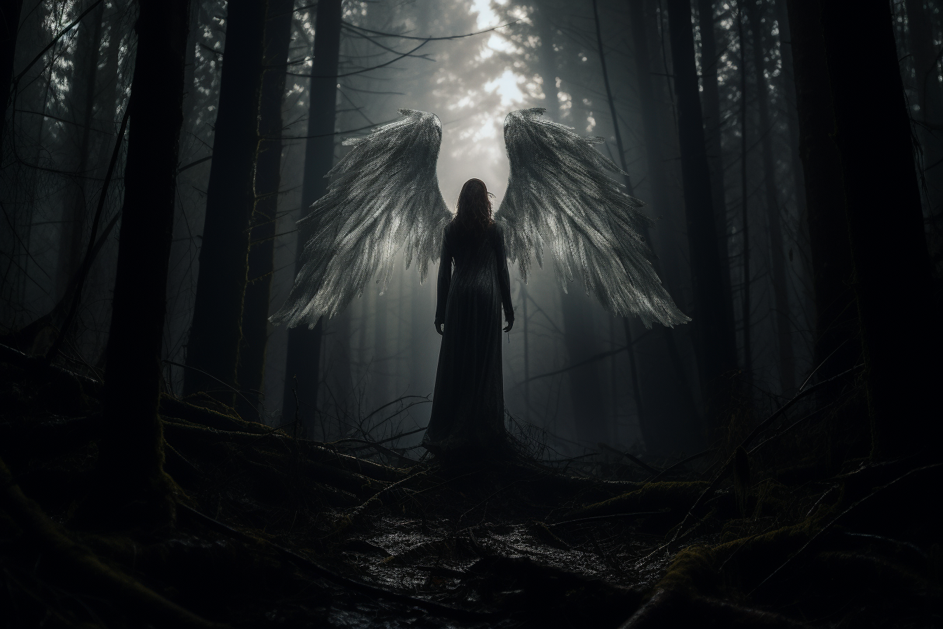 Cinematic shot of illuminating angel in dark forest