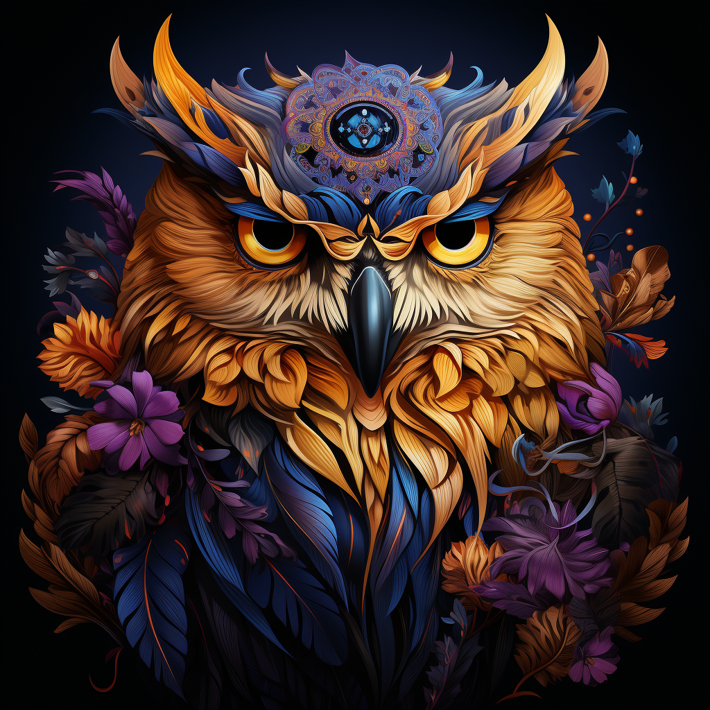 Colorful illustrated owl in gold purple