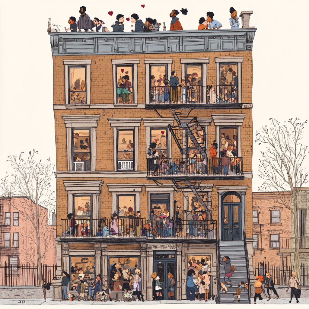 illustration of brownstone with diverse people filling it chaos