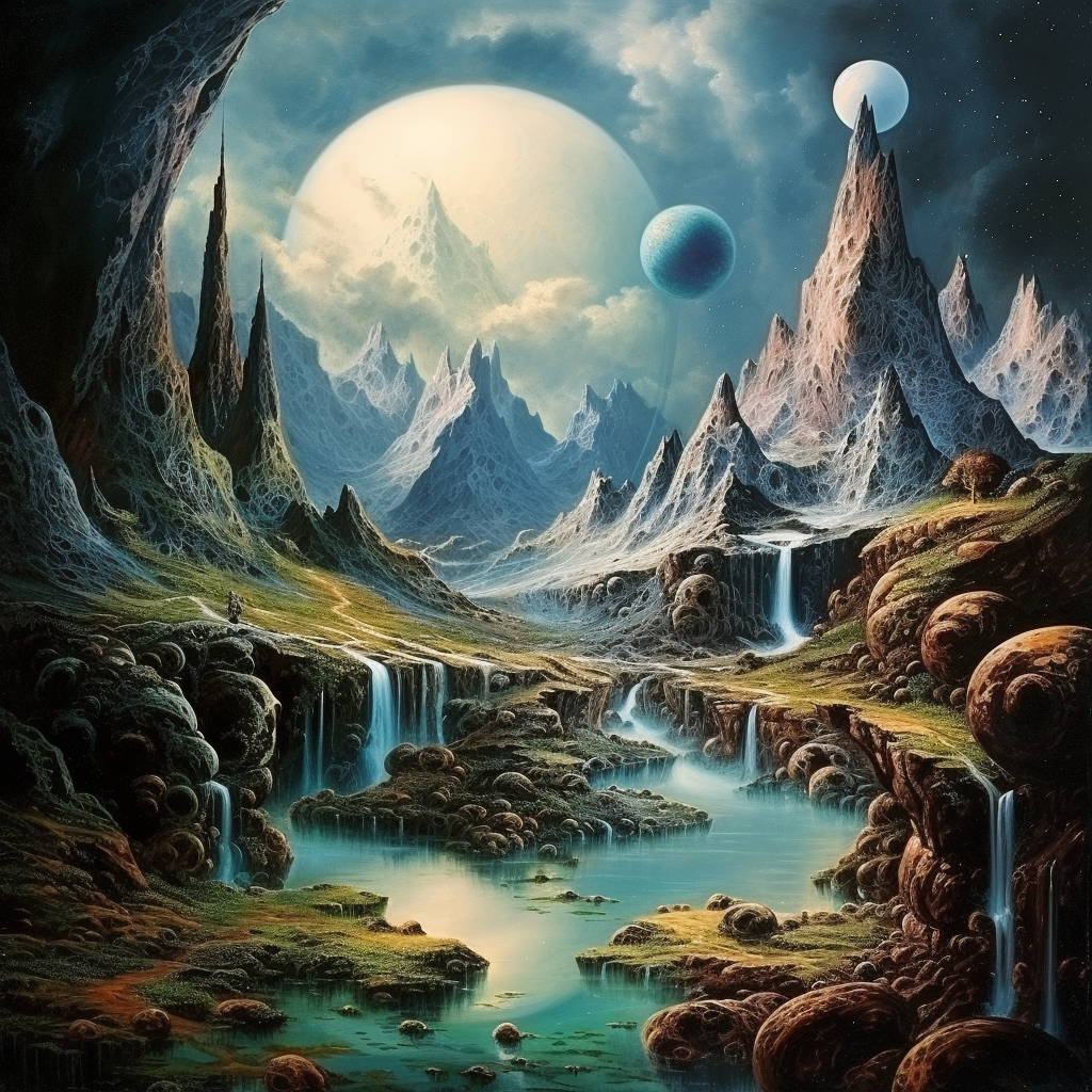 fantasy planet landscape with floating mountains