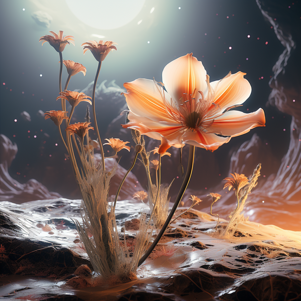 Colorful imaginary flower with exoplanet fauna