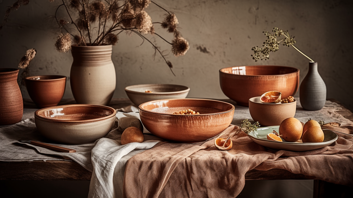 Editorial-style interior decor image with ceramic bowls and plates, linen napkins, and wooden bowls