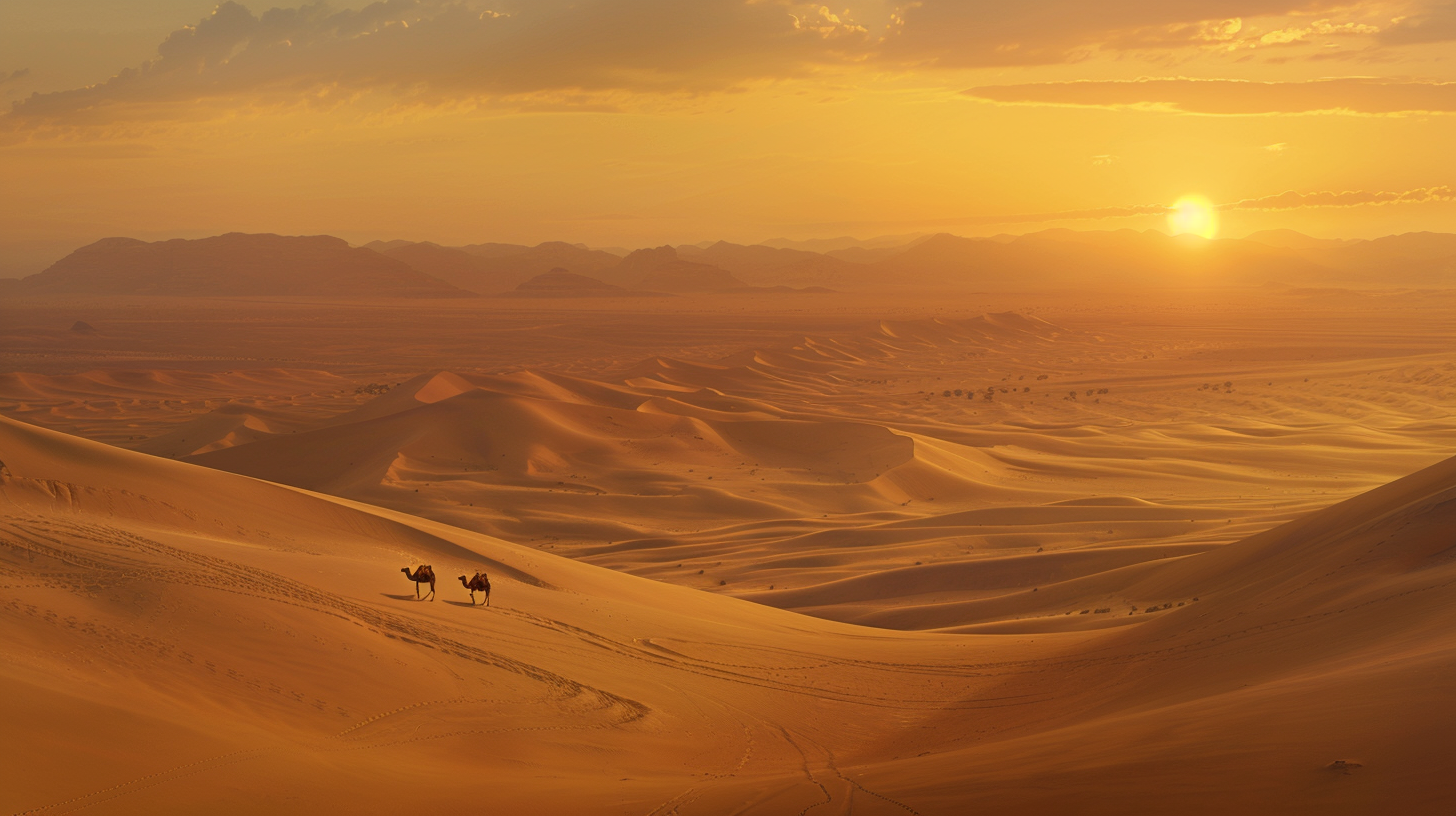 Camel caravan in desert landscape