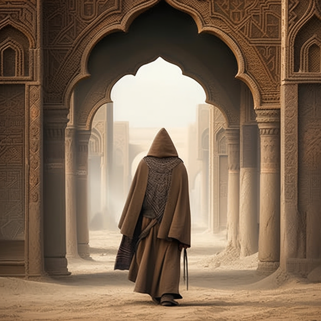 Imam Ali in brown cloak standing strong