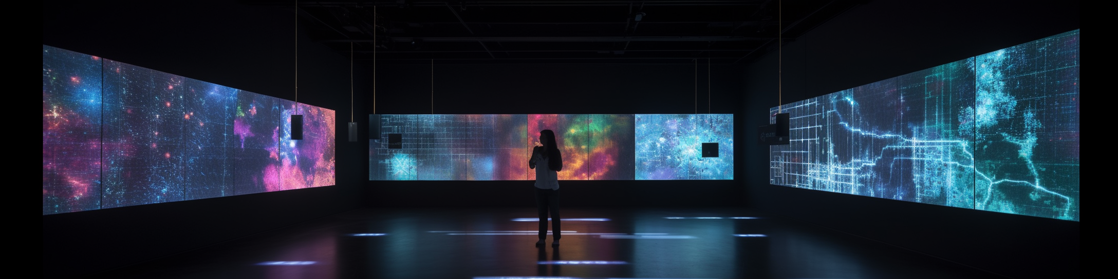 Immersive exhibition with dark room and borderless screens