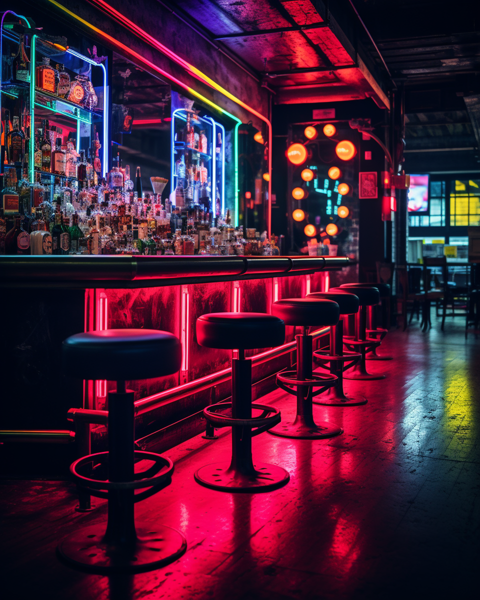 Neon-lit bar scene with moody ambiance