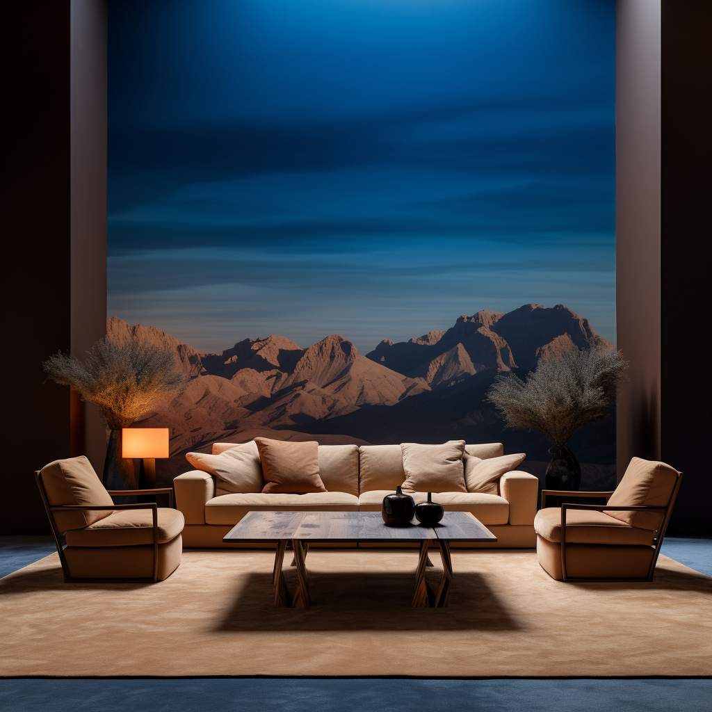 Luxury living room with immersive landscape wallpaper