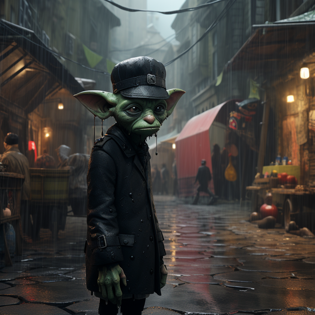 Imp in beret in rainy back alley