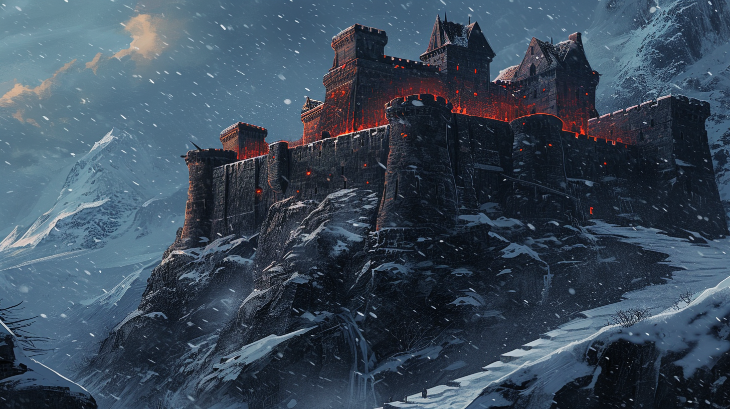 Illustration of an imposing snowy fortress at night