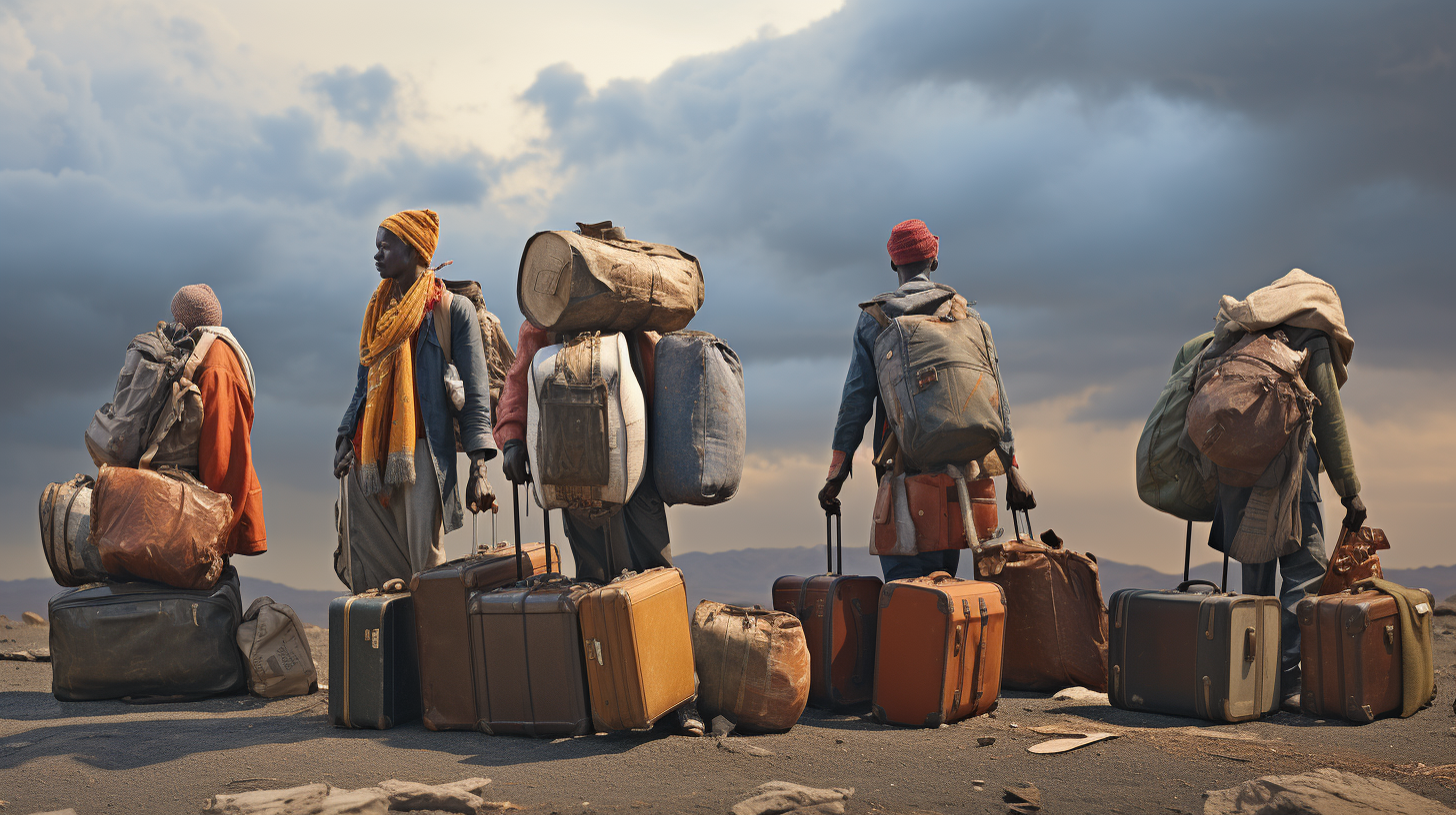 Impoverished African travelers with luggage