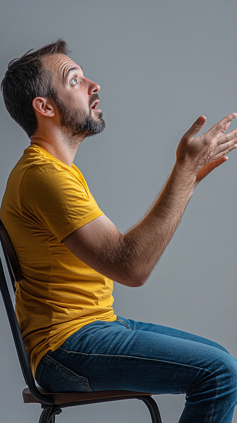 Impressed man reaching out for chair