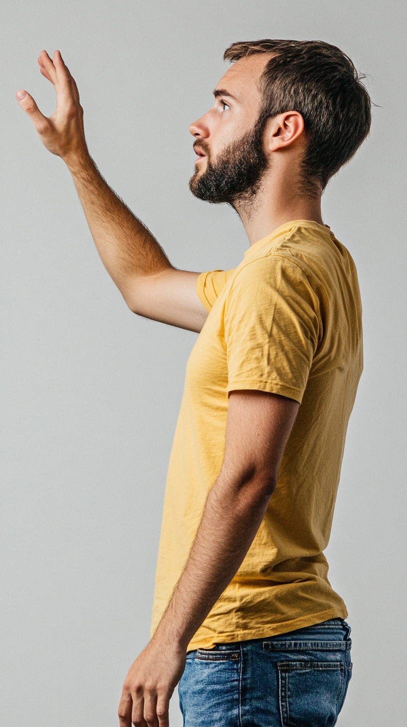 impressed man reaching out camera