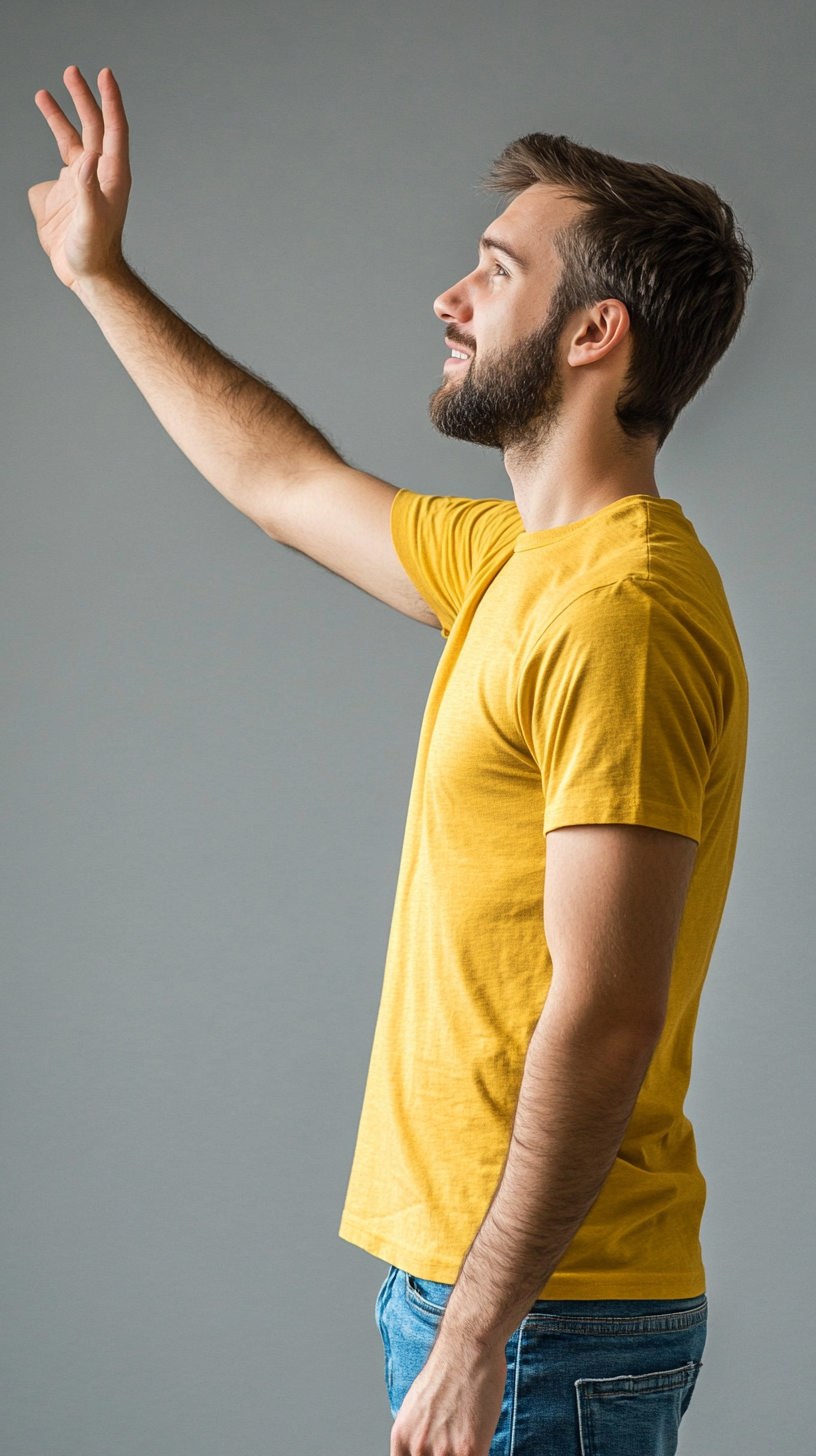 happy man reaching out expression