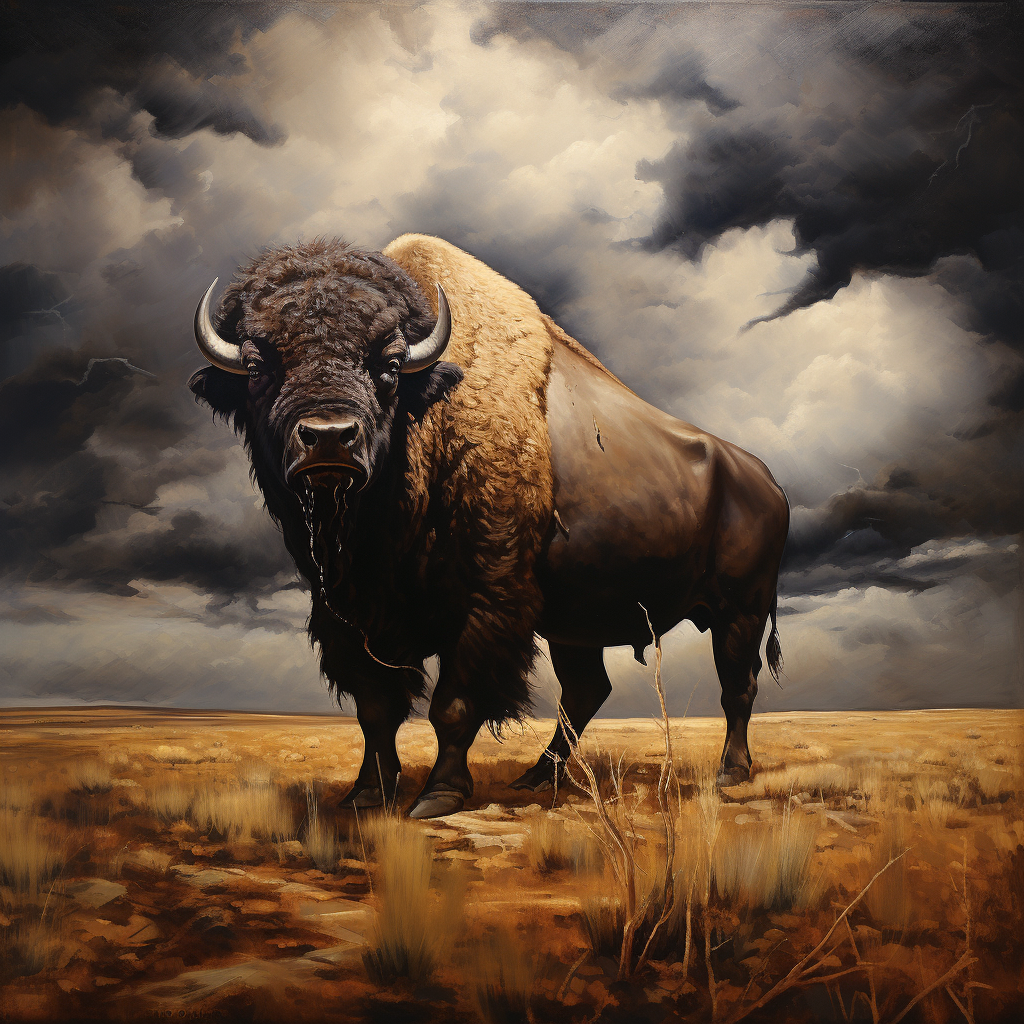 American Buffalo on Open Plains with Thunderstorm