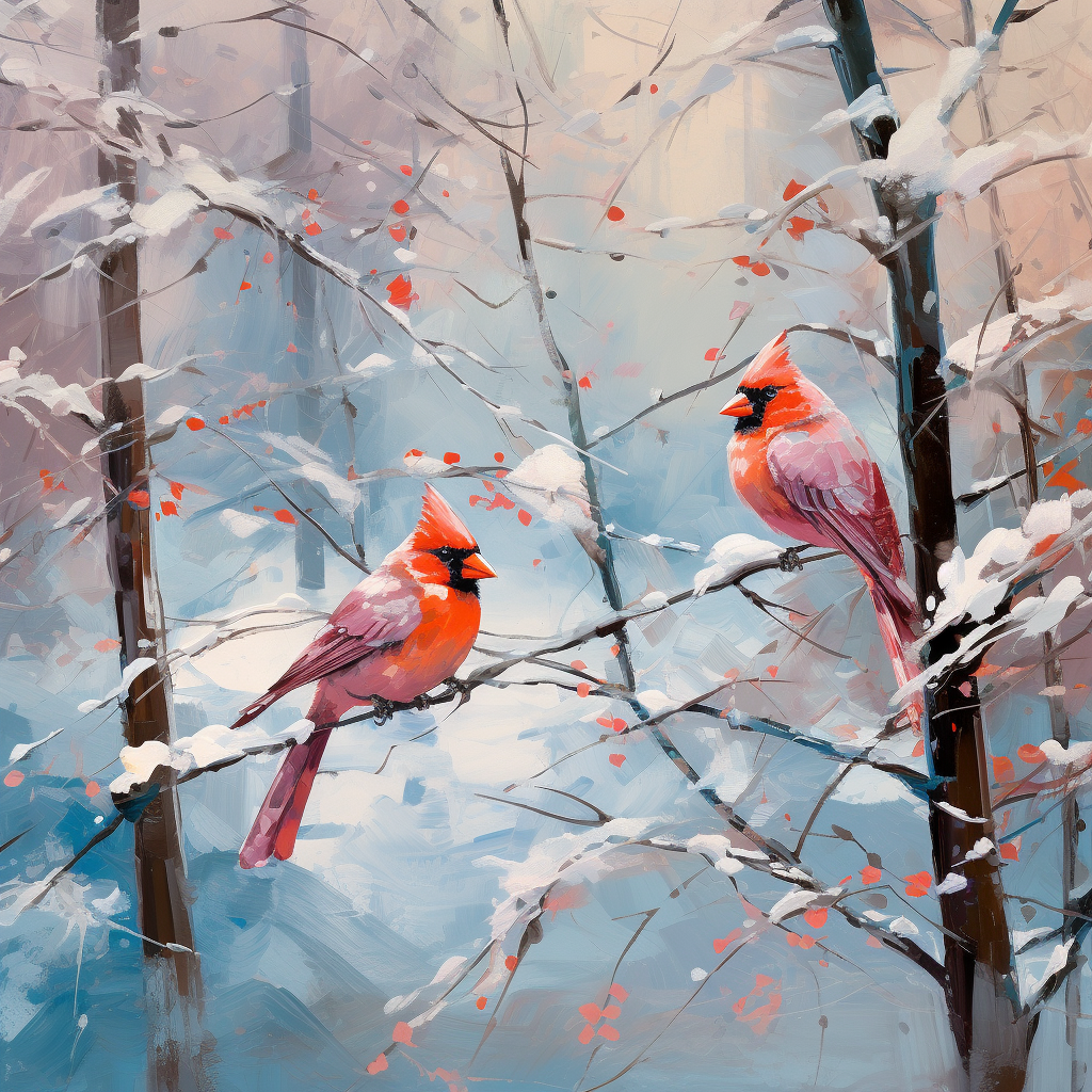 Cardinals in snowy impressionist forest