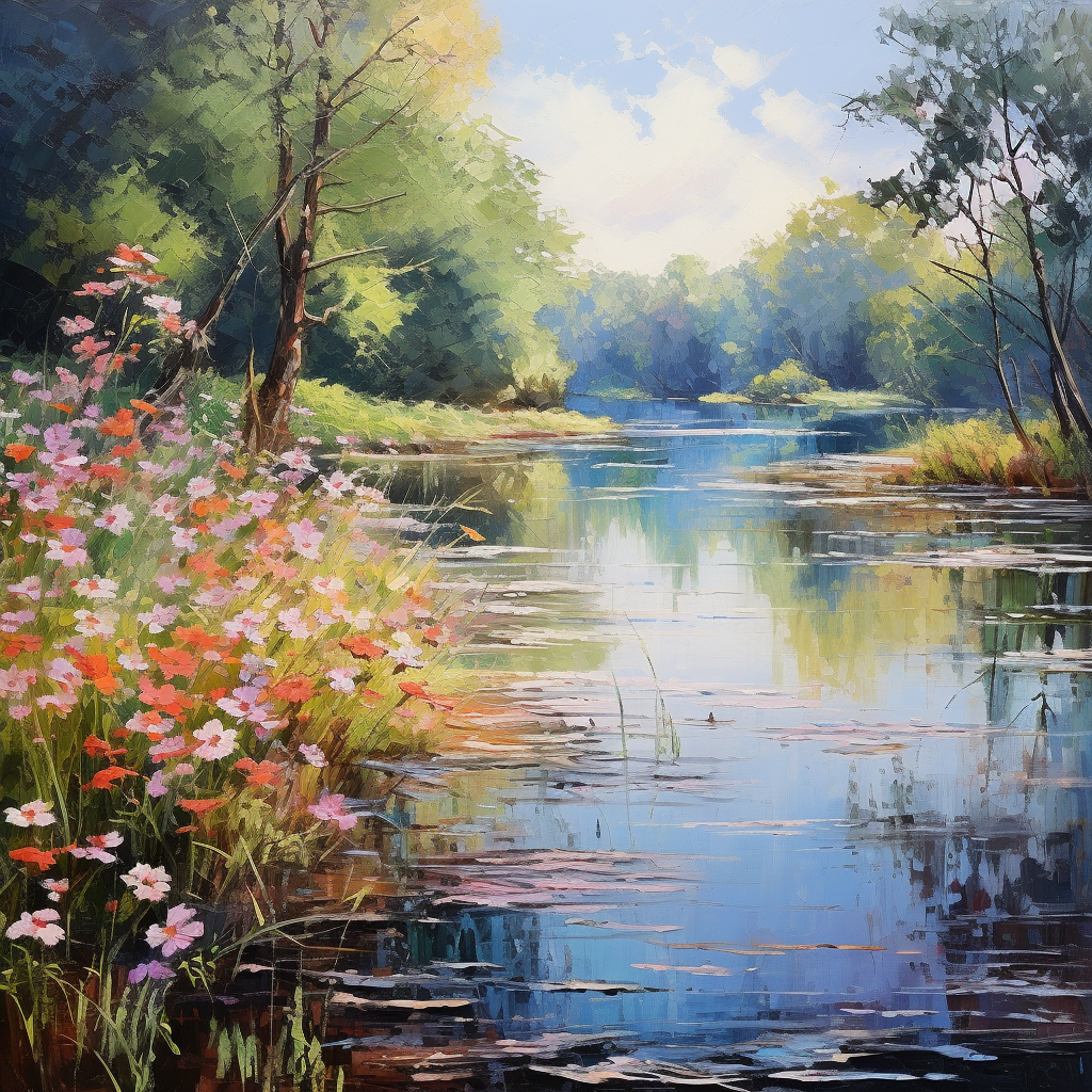 Impressionist flowers on river bank with trees