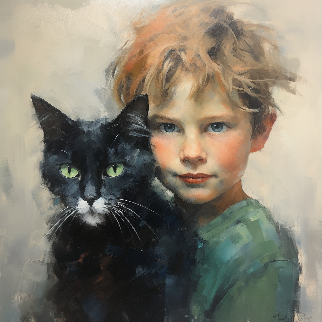 Portrait of a 5-Year-Old Boy with Dark Grey Cat