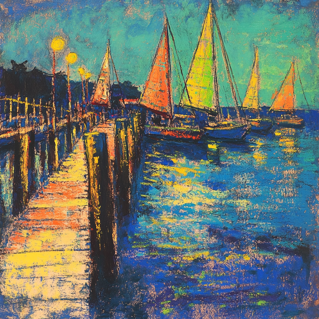 Impressionist painting of pier boats