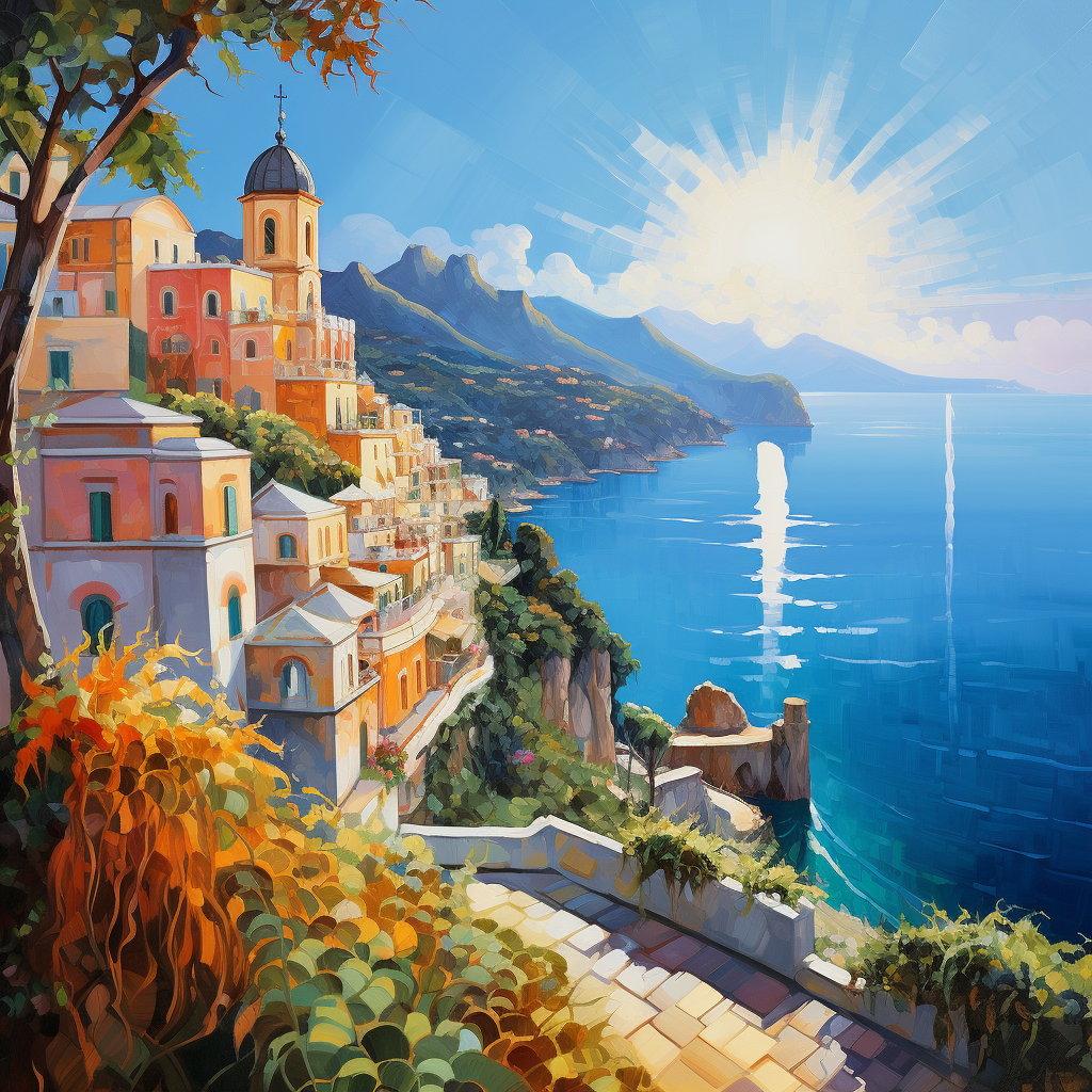 Impressionistic artwork of Amalfi Coast village and sea