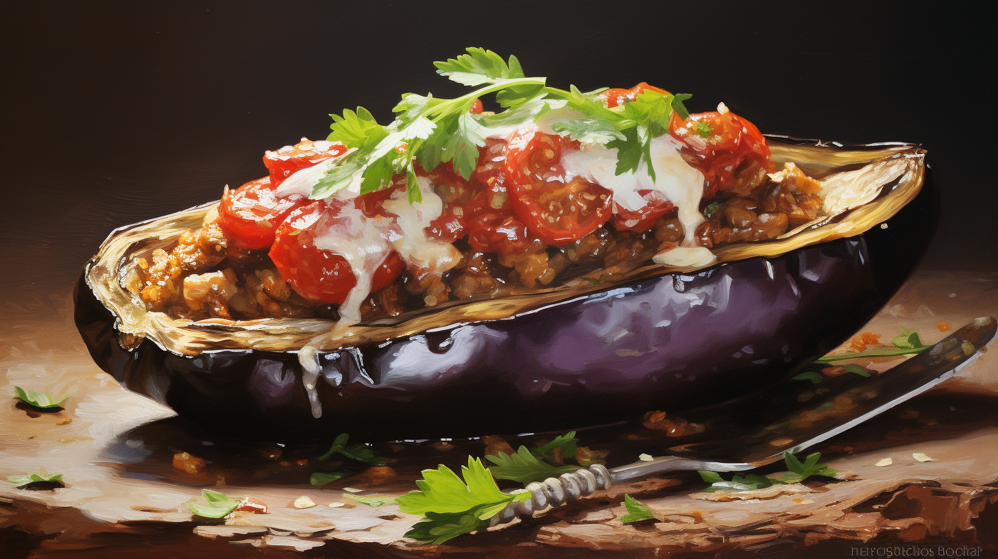 Eggplant stuffed with meat and tomato slices