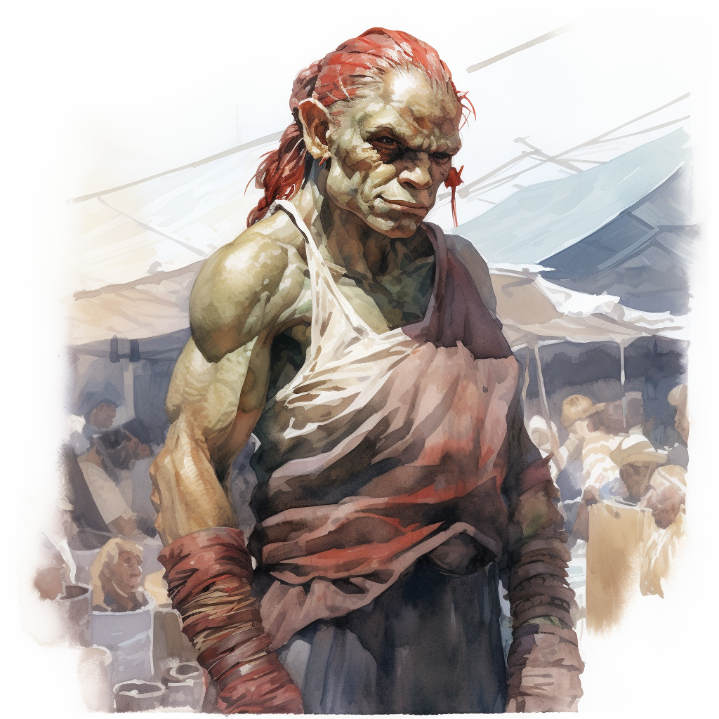 Vibrant watercolor painting of a red-skinned orc woman