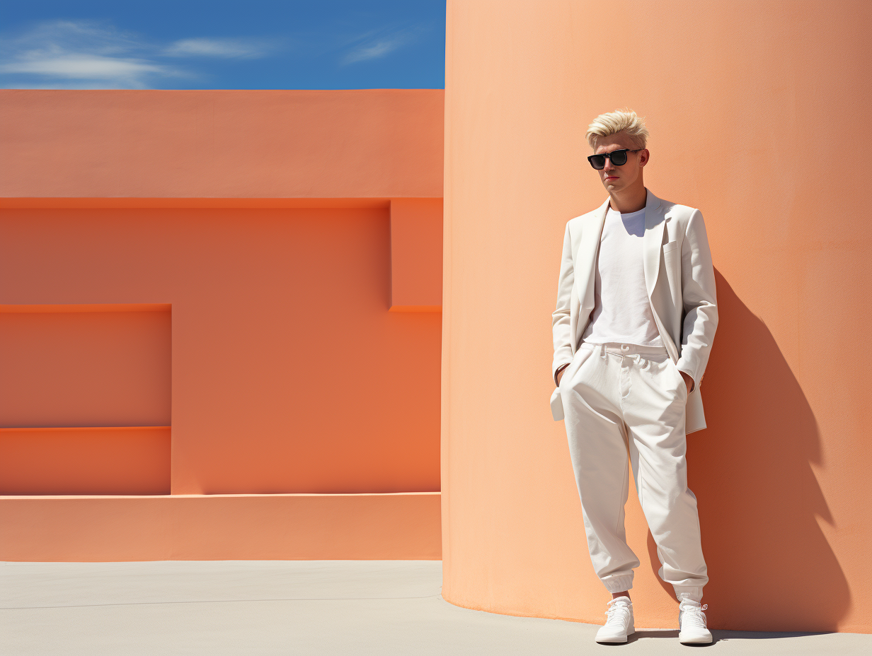 Impressive blond man model posing in Eurofuturism style