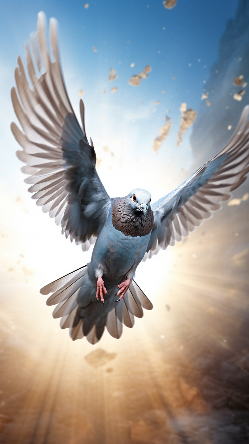 Carrier pigeon flying with impressive speed