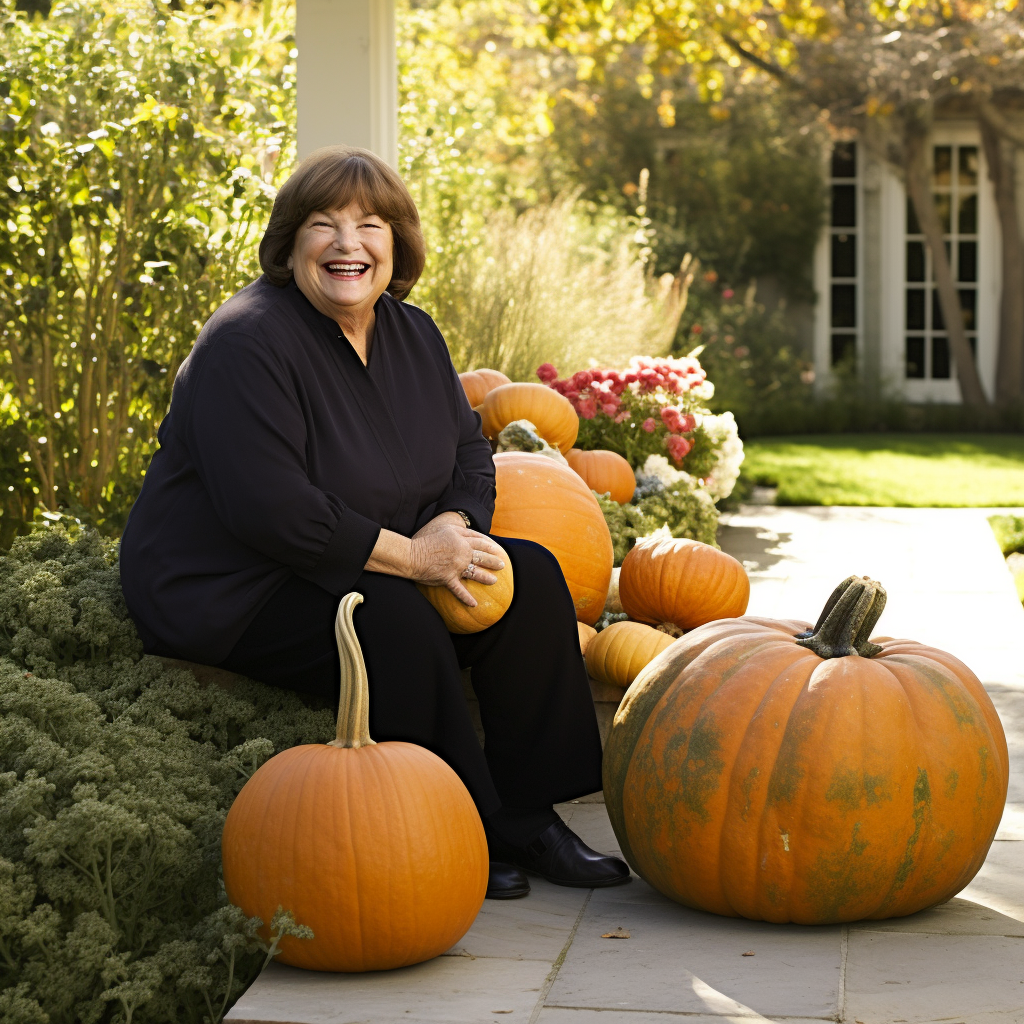 Ina Garten with giant pumpkin laughing