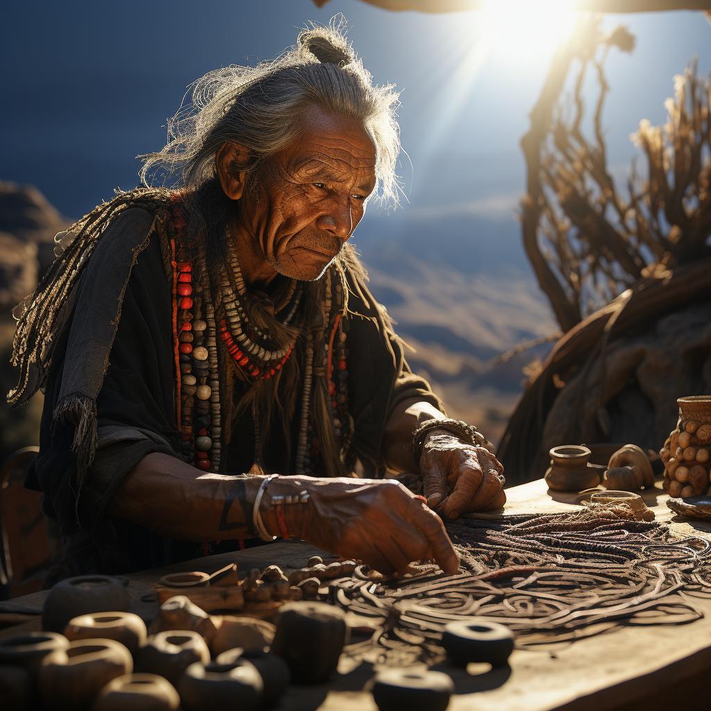 Incan man using Quipu tool