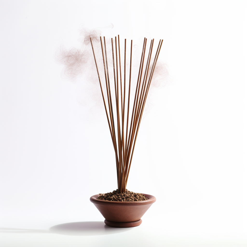 Incense sticks releasing aromatic smoke on white background