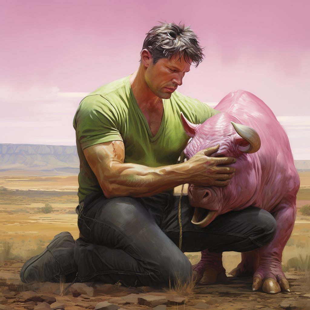 Hulk petting pink pig on ranch