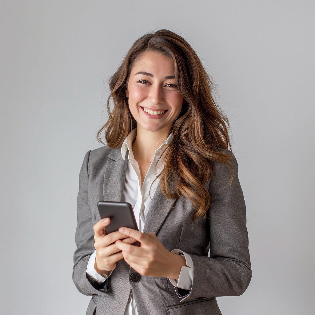 Confident woman with phone smiling