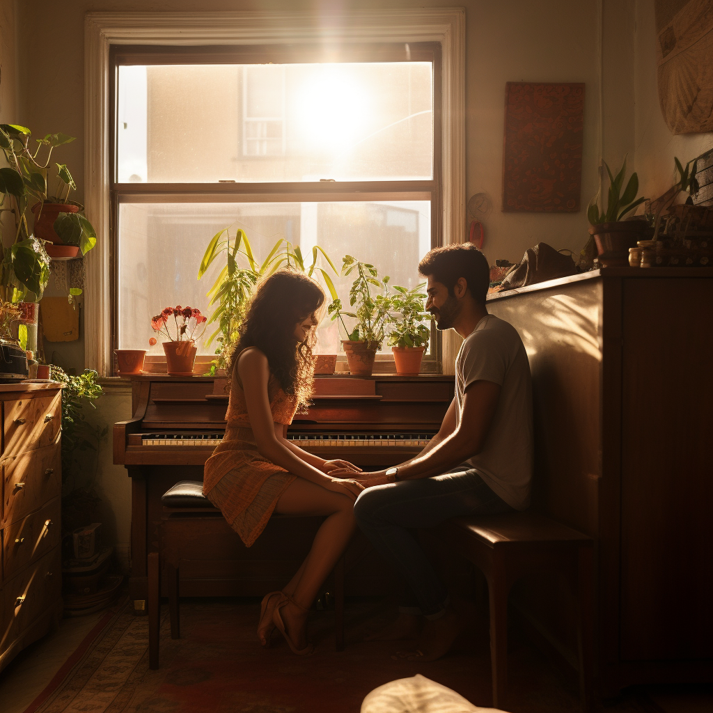 Couple playing piano in Indian-American apartment