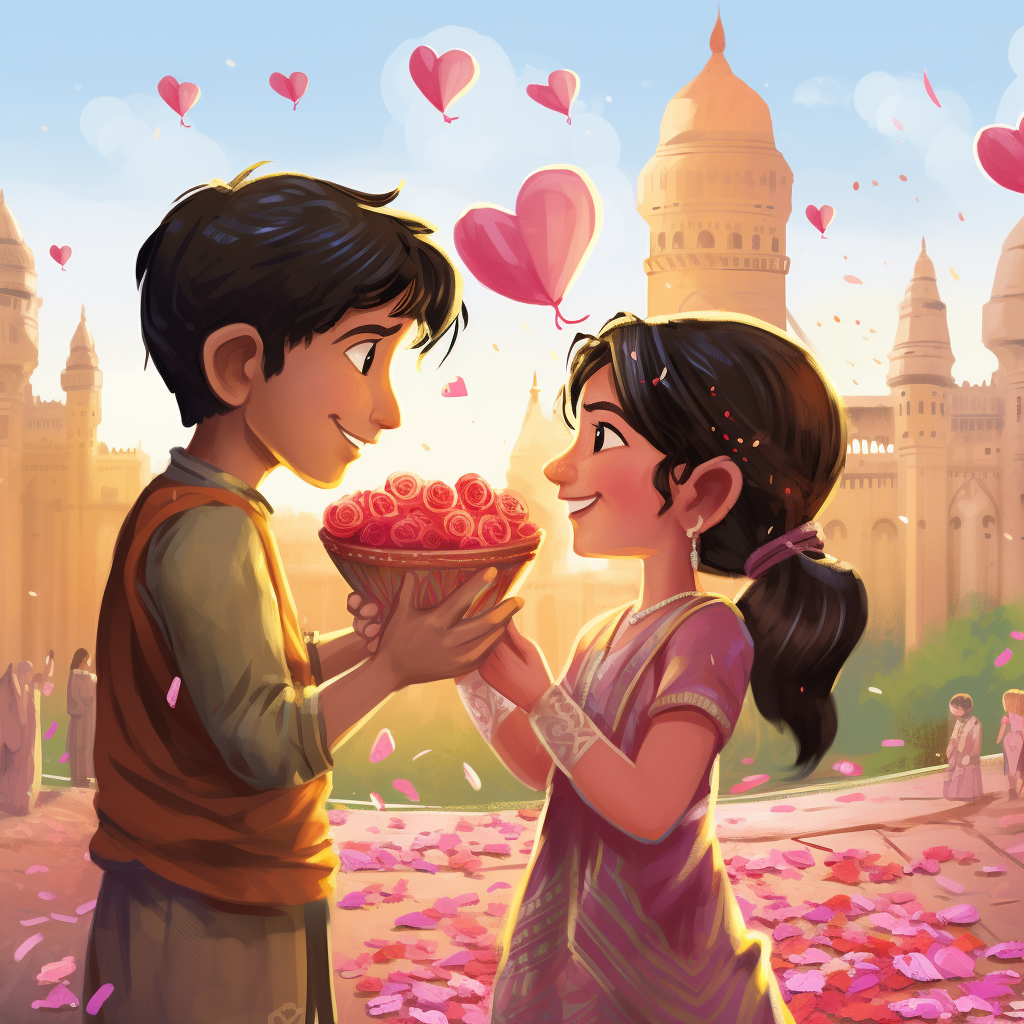 Indian boy giving flowers to girl with hearts and balloons