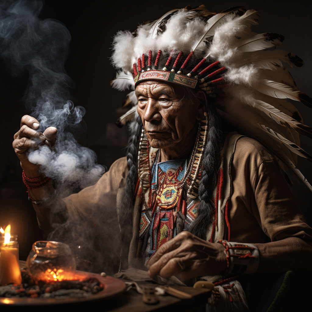 Indian chief enjoying tobacco bong