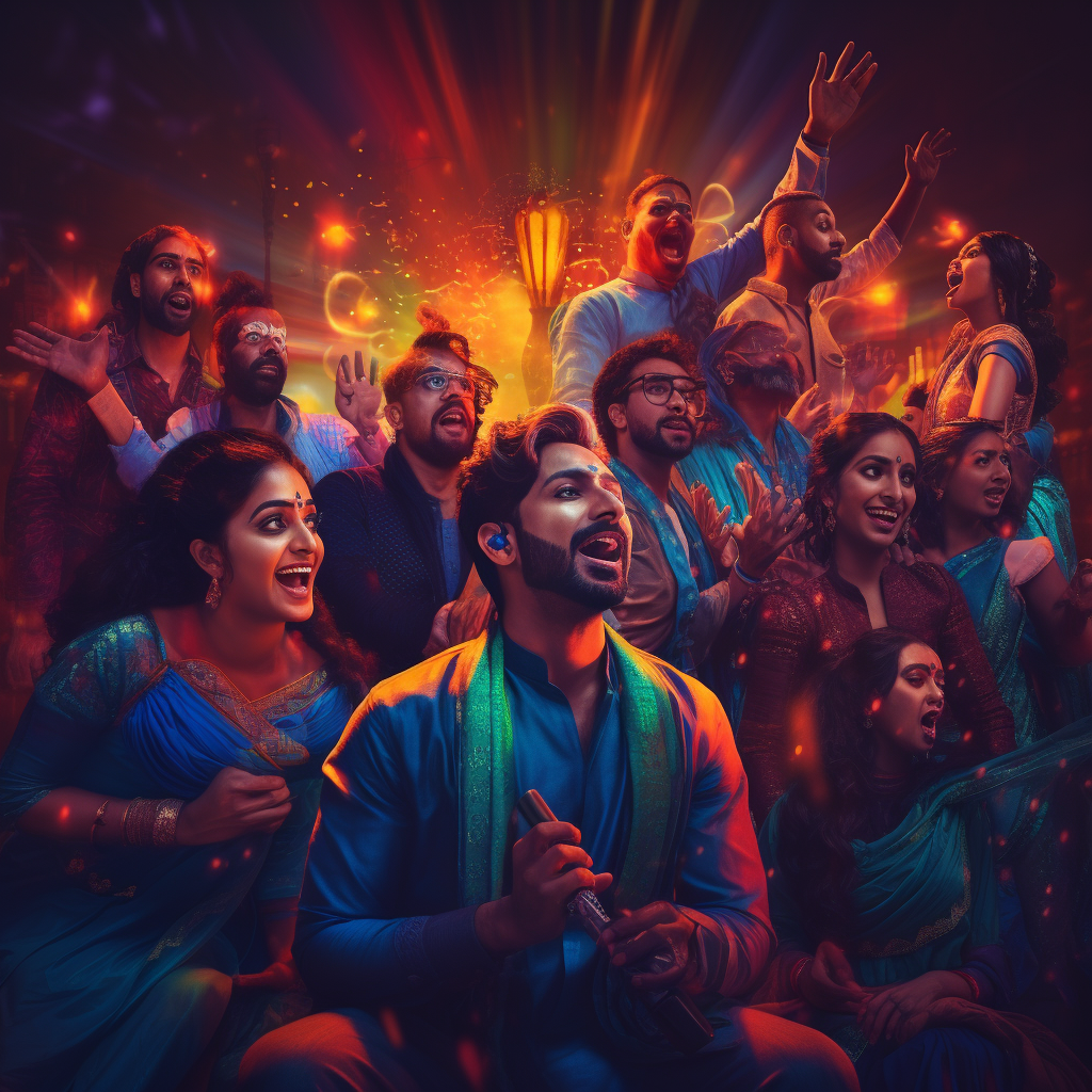 Group of Indian classical singers with neon lights