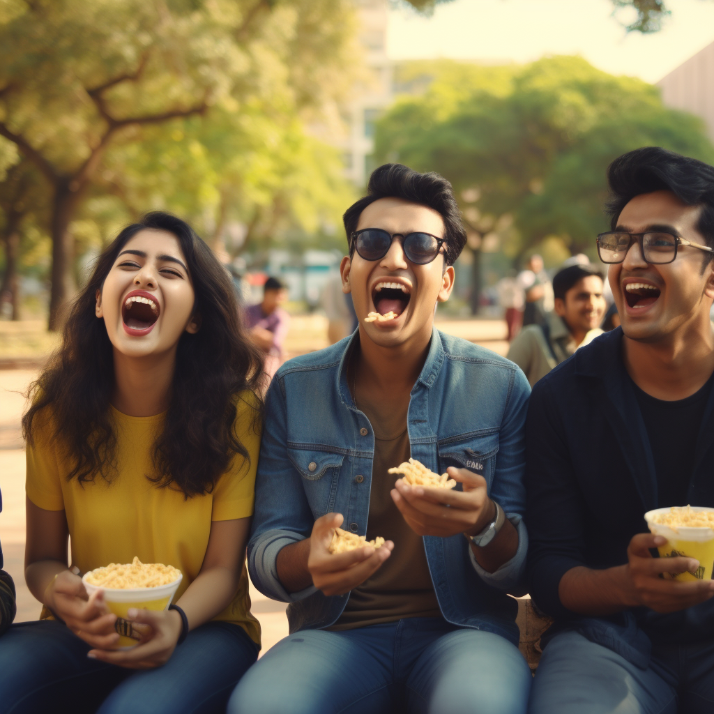 Indian college students enjoying snacks and laughter