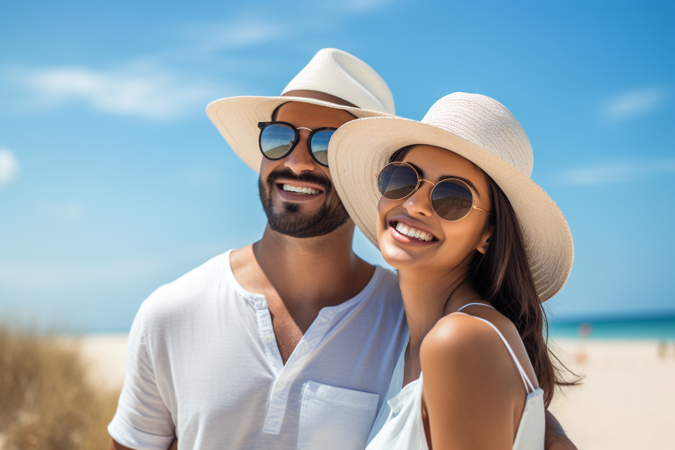 Indian couple beach sunglasses hat smiling