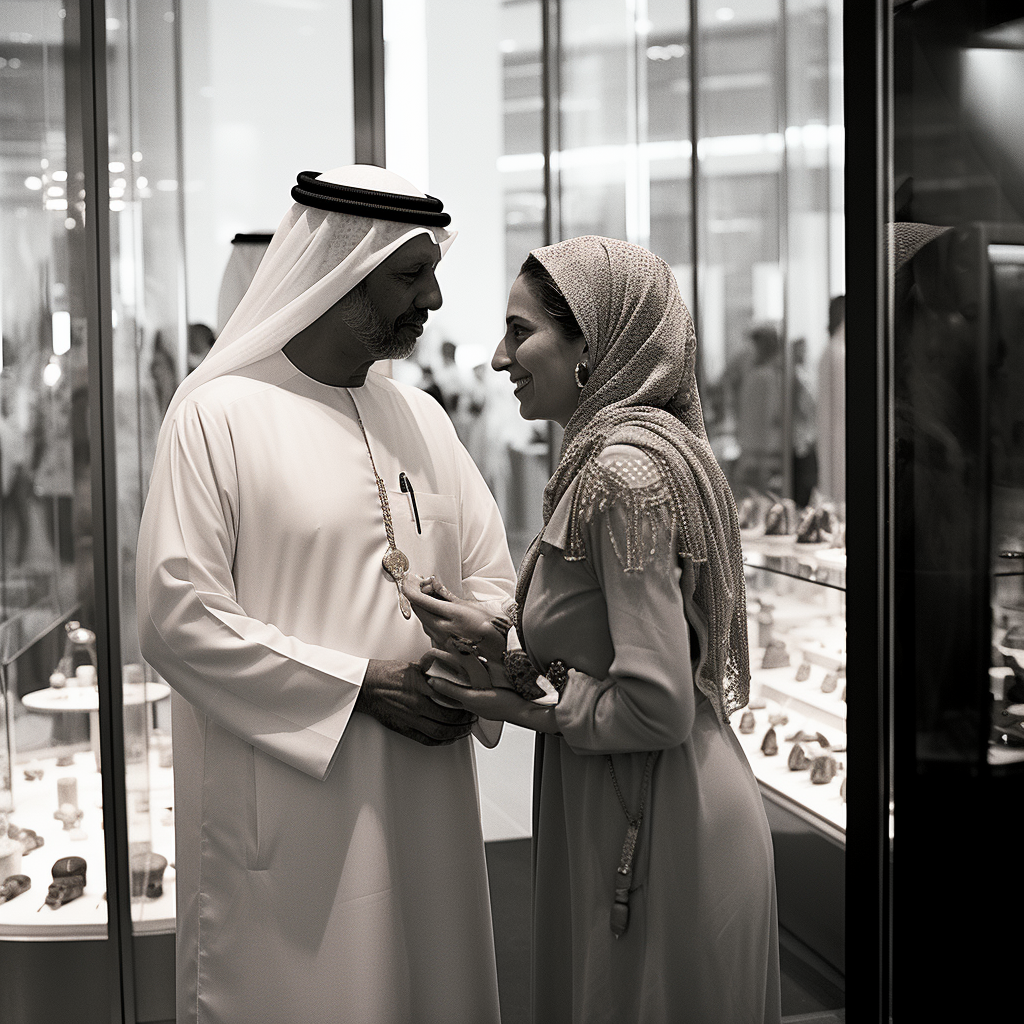 Indian couple buying jewelry at Emirates Mall